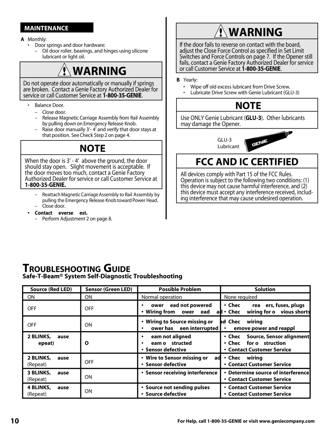 Genie 3630436275 warranty Genie, Safe-T-Beam System Self-Diagnostic Troubleshooting, BLINKS, Pause 