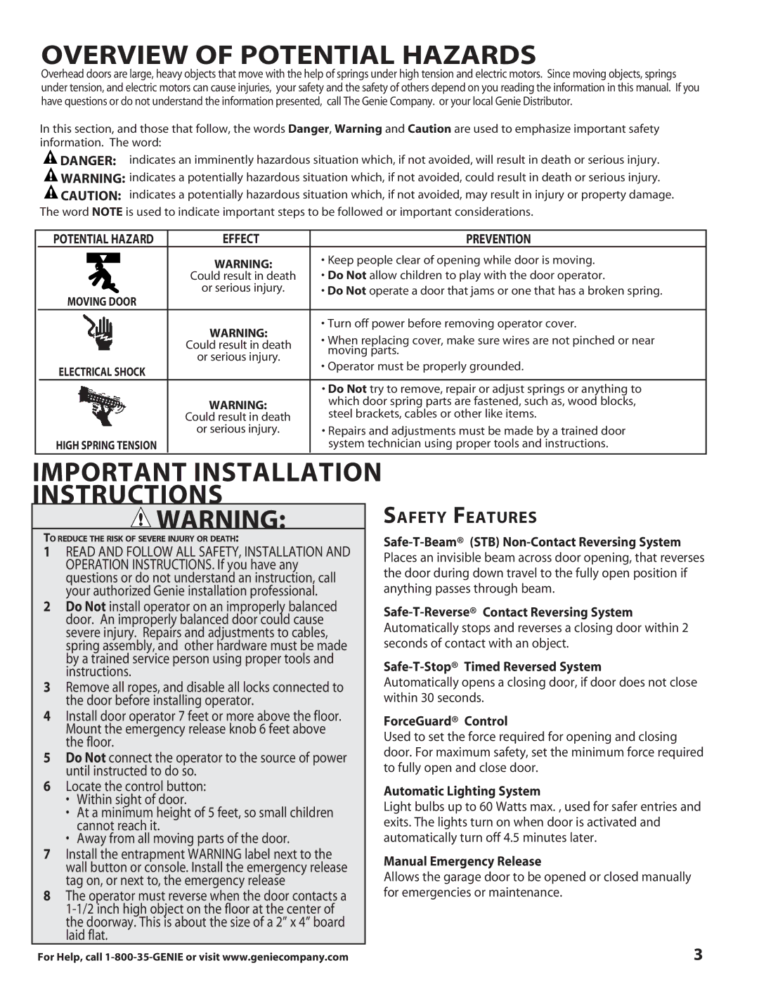 Genie 3630436275 warranty Safety Features, Instructions­ 