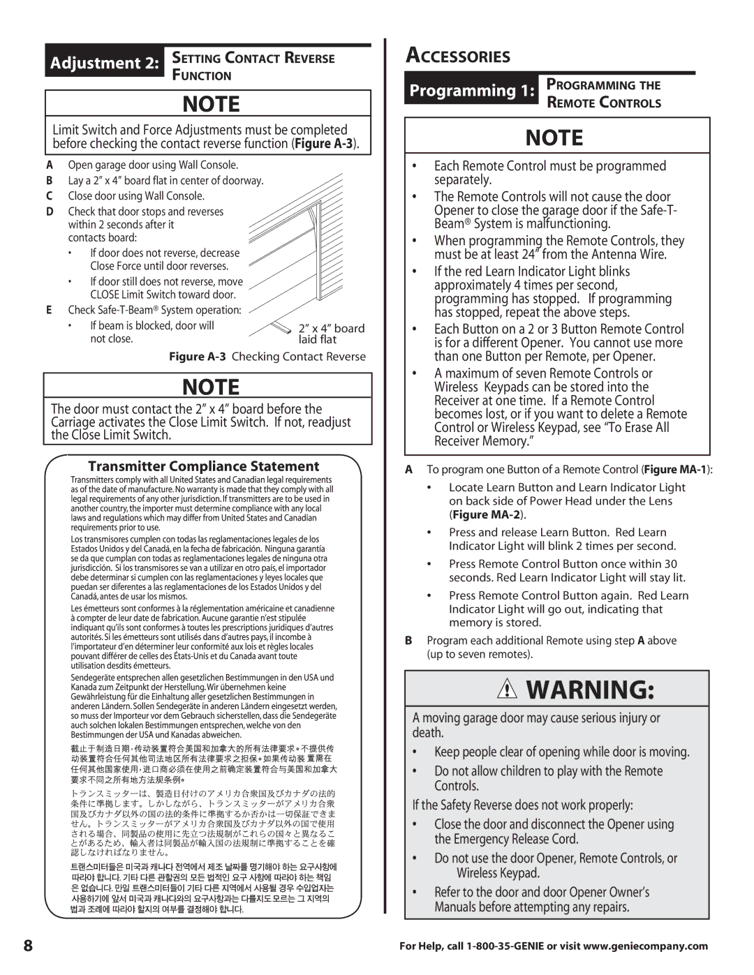 Genie 3630436275 warranty Accessories, Transmitter Compliance Statement, Each Remote Control must be programmed separately 