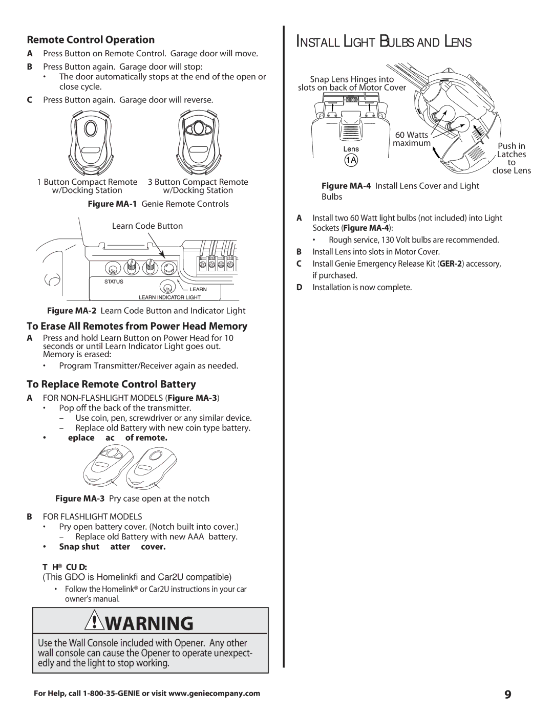 Genie 3630436275 Install Light Bulbs and Lens, Remote Control Operation, To Erase All Remotes from Power Head Memory 