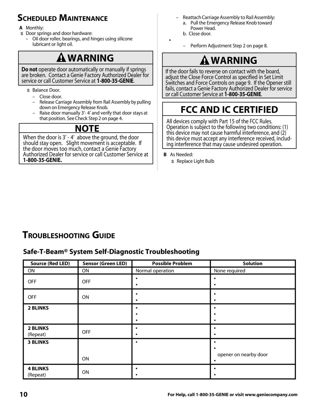 Genie 3681036666 Troubleshooting Guide, Safe-T-Beam System Self-Diagnostic Troubleshooting, Scheduled Maintenance, Genie 