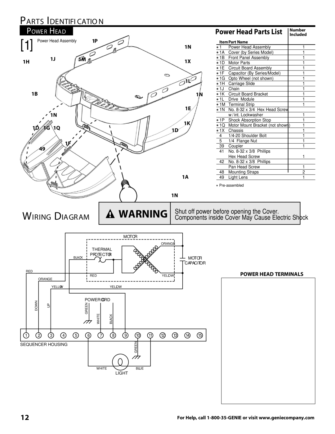 Genie 3681036666 warranty Parts Identification, Wiring Diagram, 1G 1Q, Power Head Terminals, Item Part Name 