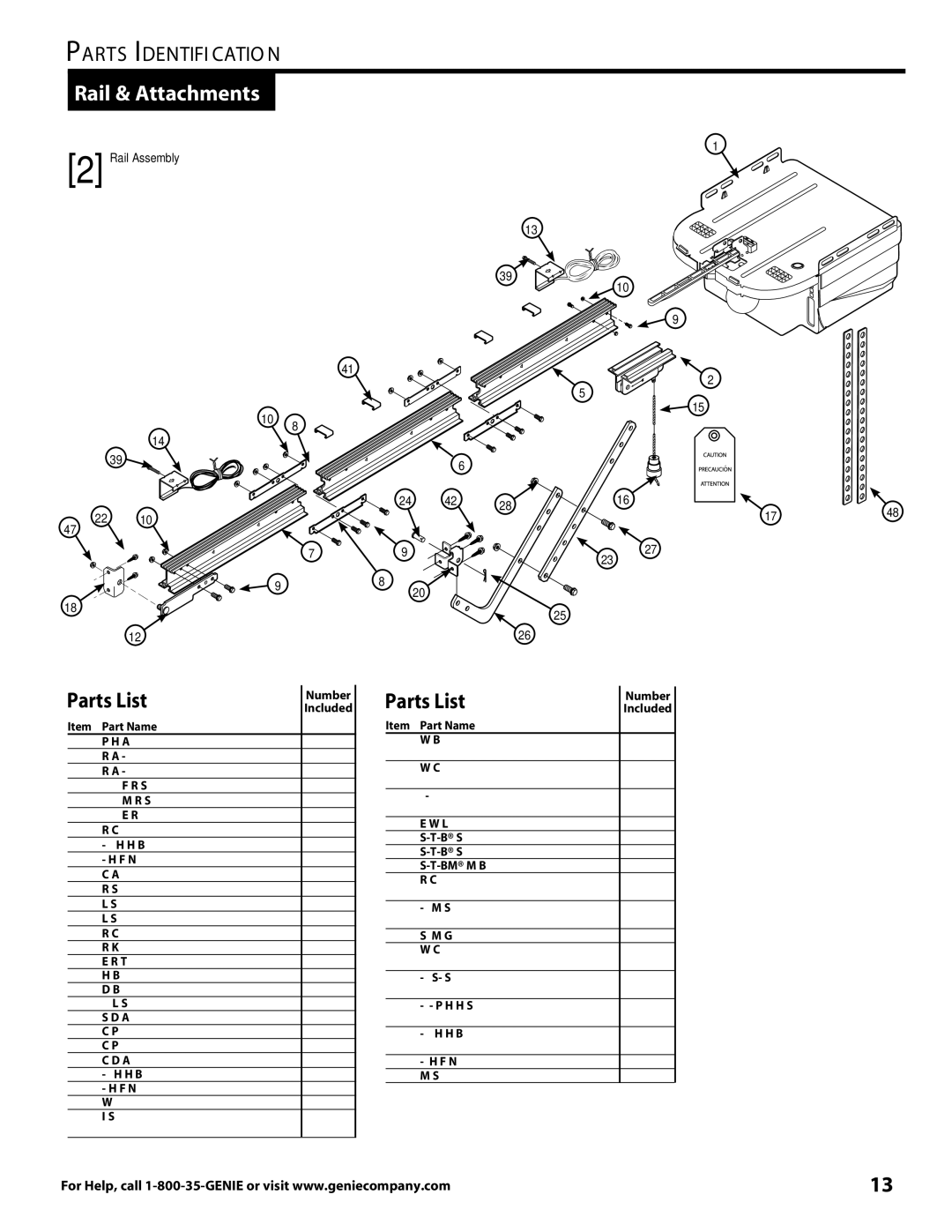 Genie 3681036666 warranty Rail & Attachments, Parts List, Parts Identification, Part Name 