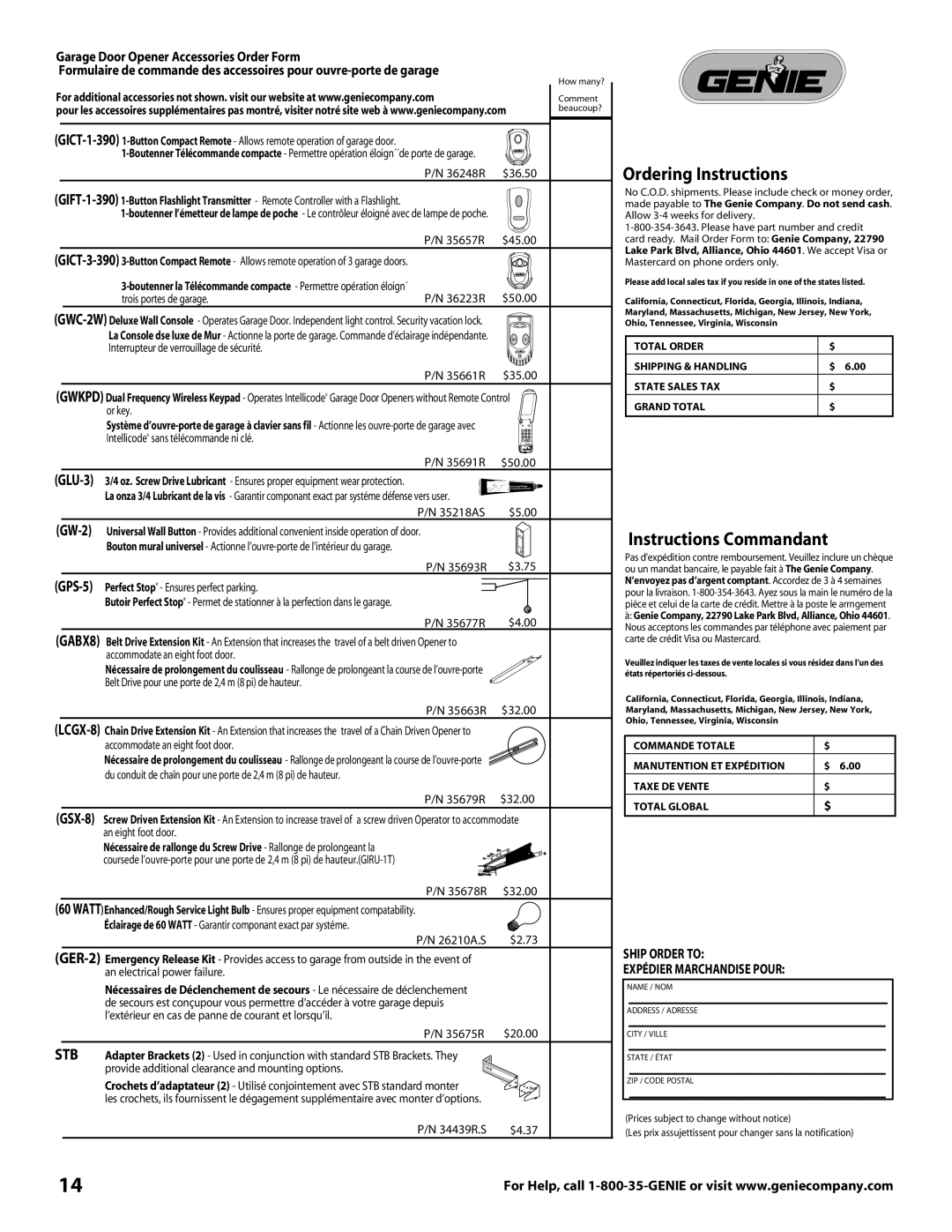 Genie 3681036666 warranty Ordering Instructions, Instructions Commandant, Stb 