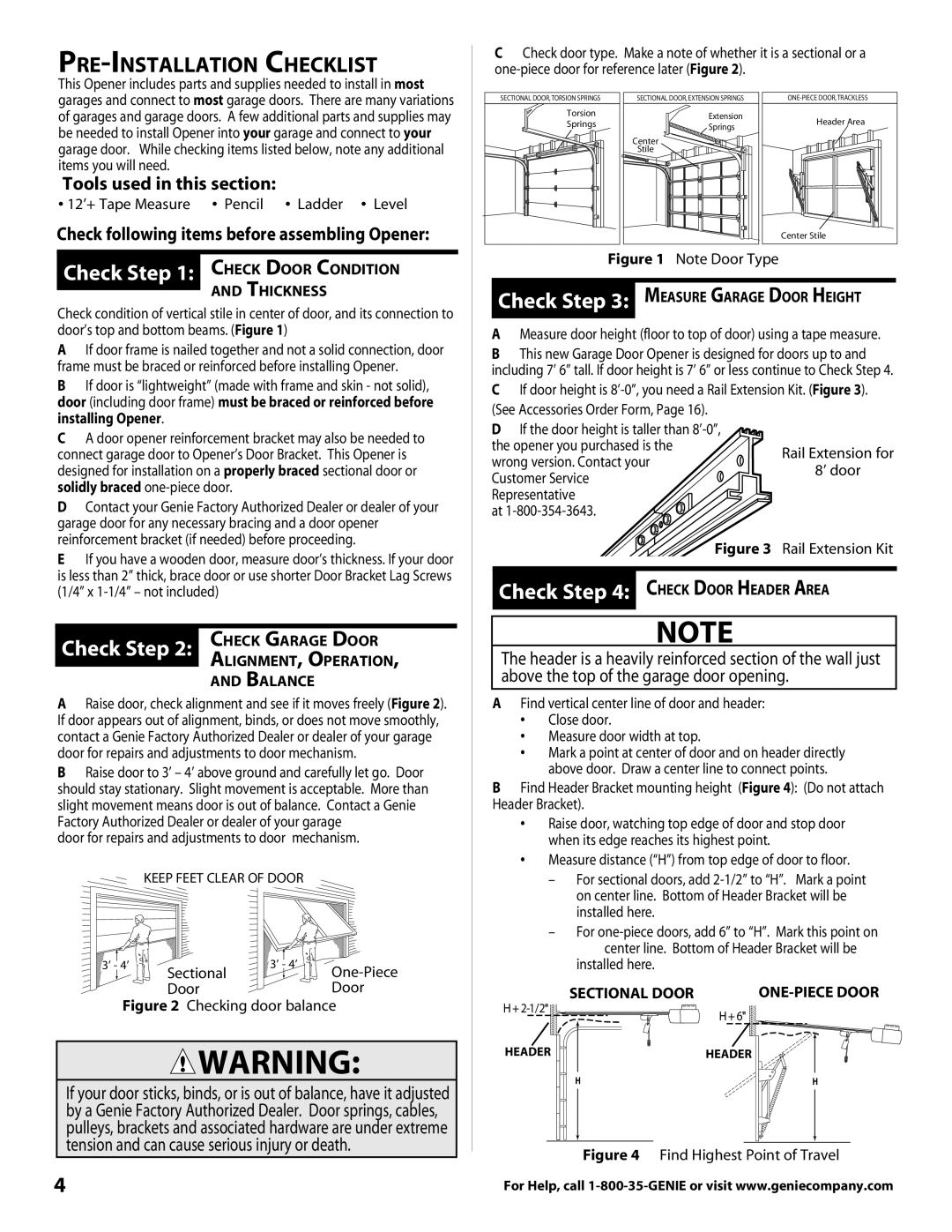 Genie 3681036666 warranty Pre-Installation Checklist, Check Check Garage Door, Tools used in this section, Sectional Door 