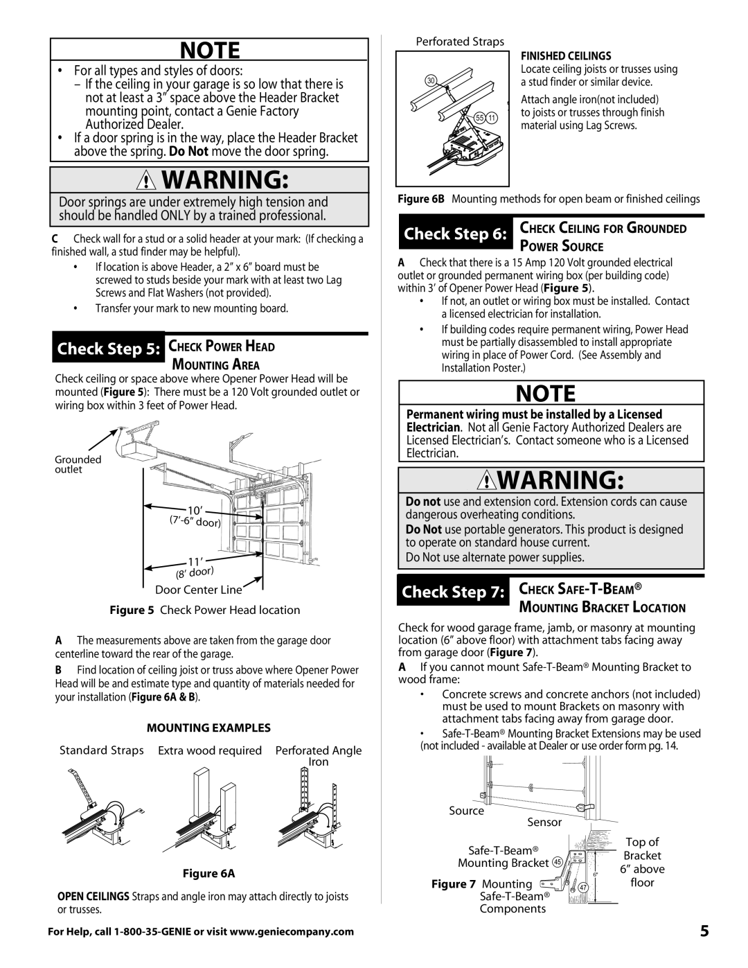 Genie 3681036666 warranty Check Check Power Head, Check Check Safe-T-Beam, Finished Ceilings, Mounting Examples 