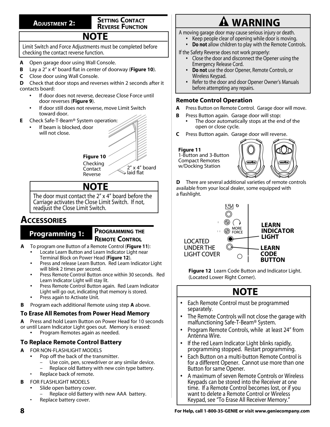 Genie 3681036666 warranty Accessories, Remote Control Operation, To Erase All Remotes from Power Head Memory 