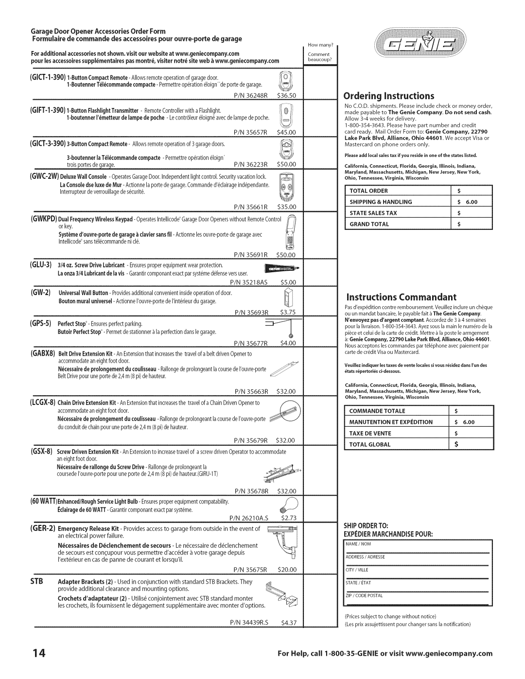 Genie 3681036666 warranty Ordering Instructions, Instructions Commandant, Stb 