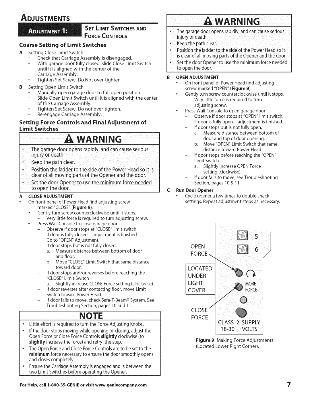 Genie 3681036666 Forcecontrols, Coarse Setting of Limit Switches, Force Located Under Light Cover Close Class 2 Supply 