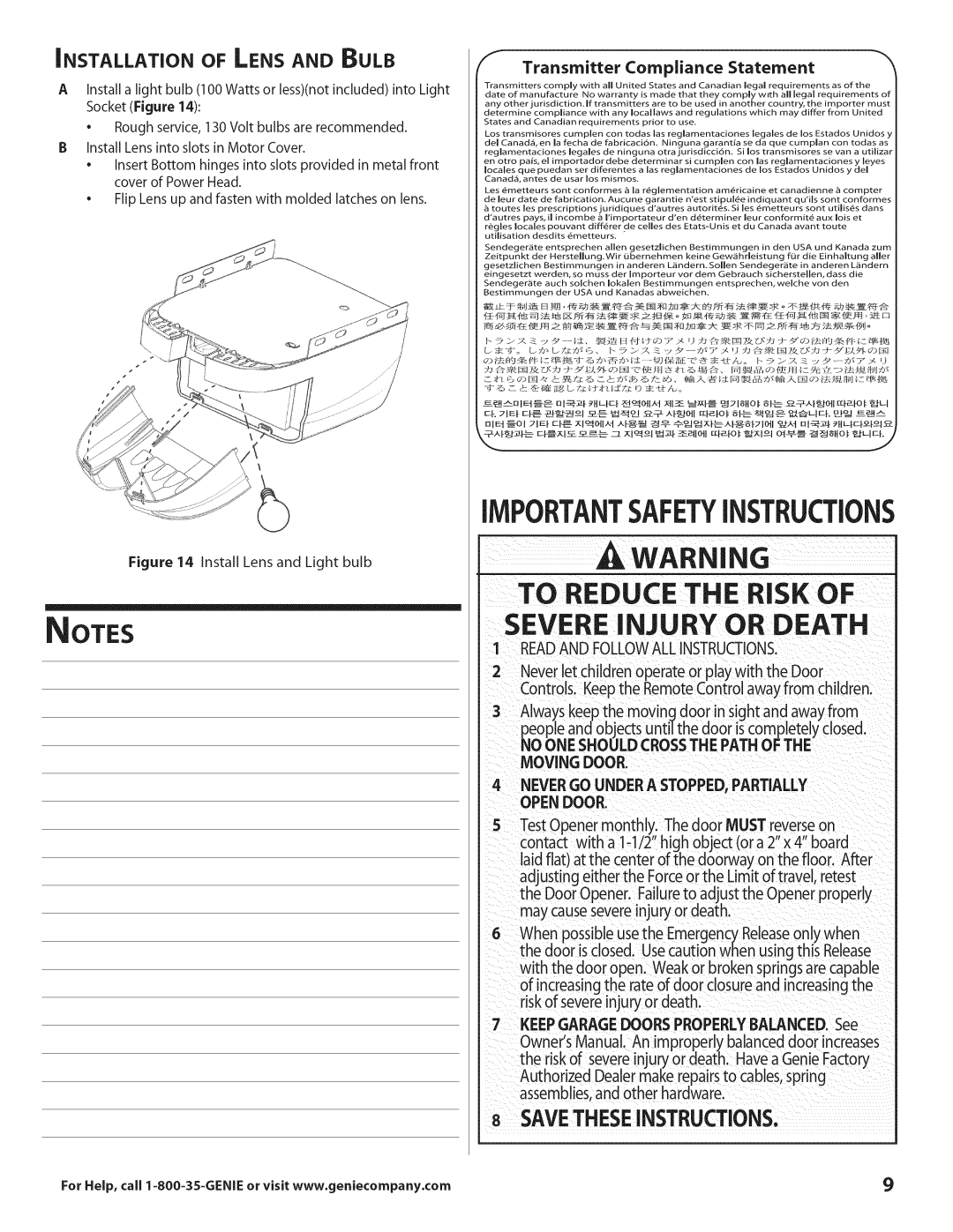 Genie 3681036666 warranty INSTALLATiON of Lensand Bulb, Compliance, Readand Followallinstructions 