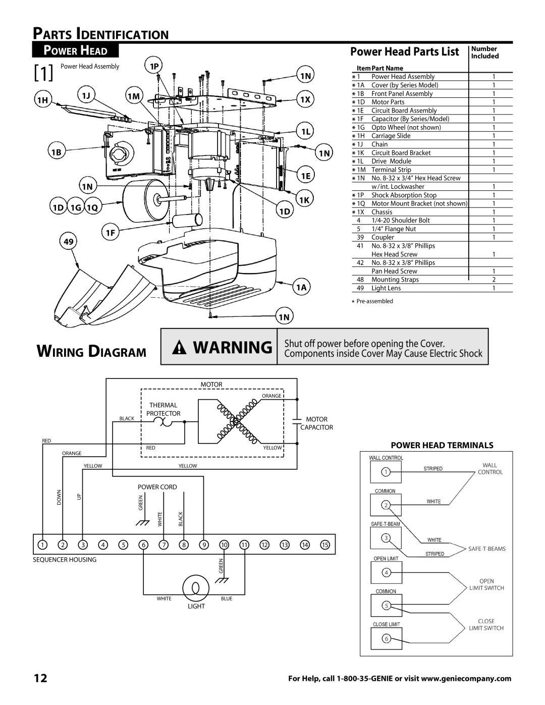 Genie 3681036666 Parts Identification, Wiring Diagram, Power Head Parts List, Shut off power before opening the Cover 