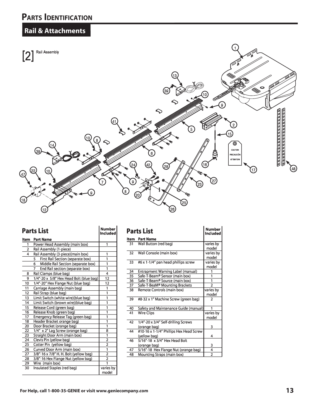 Genie 3681036666 warranty Rail & Attachments, Parts List, Parts Identification, Part Name 