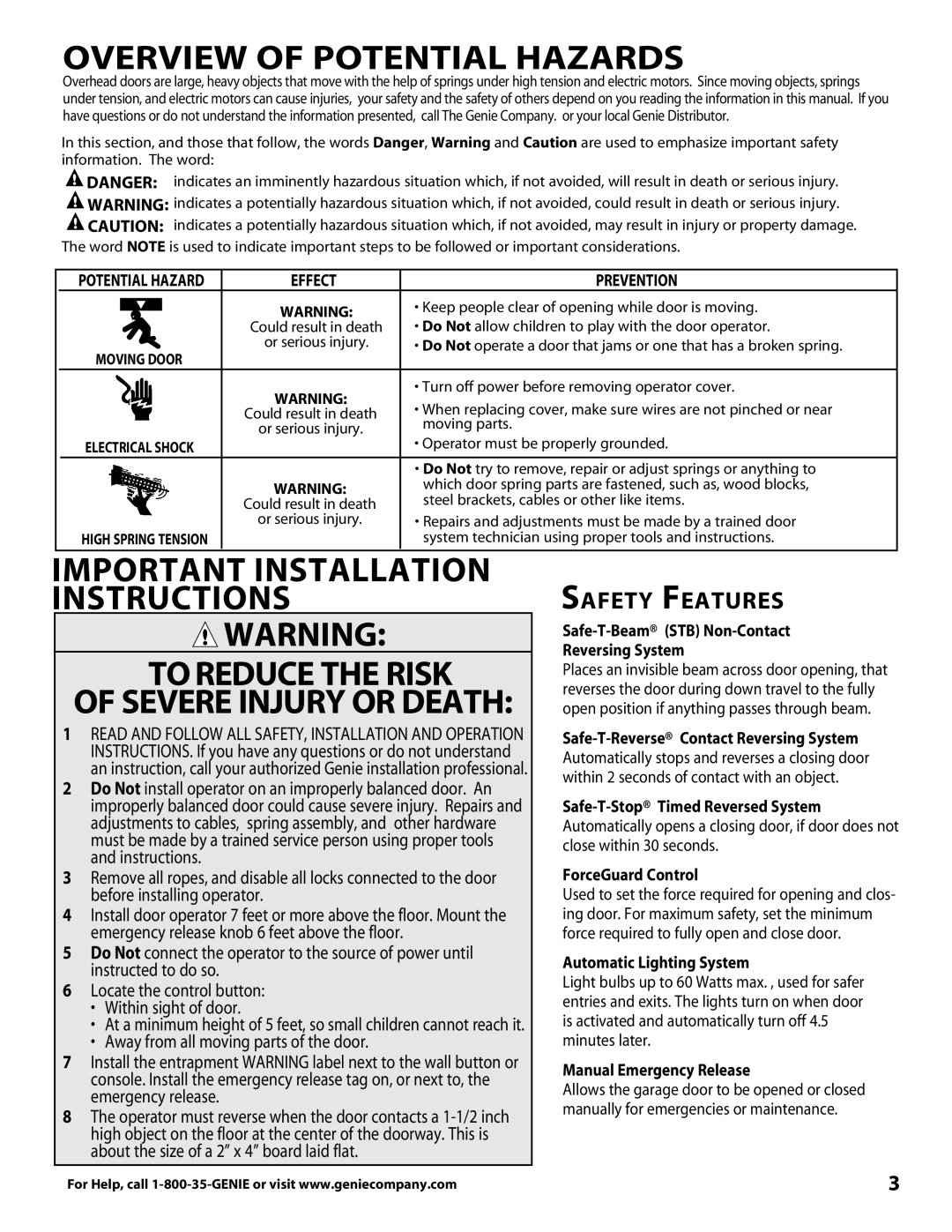 Genie 3681036666 Overview Of Potential Hazards, Important ­Installation Instructions, Safety Features, and instructions­ 
