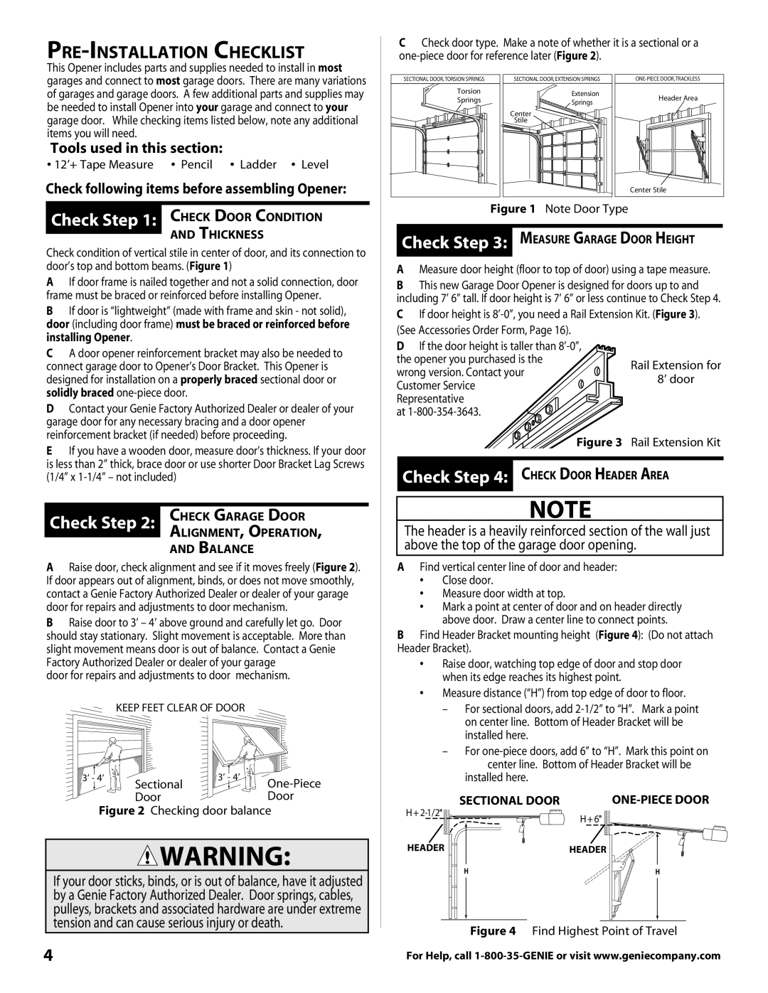 Genie 3681036666 Pre-Installation Checklist, Check Check Garage Door, Tools used in this section, installing Opener 