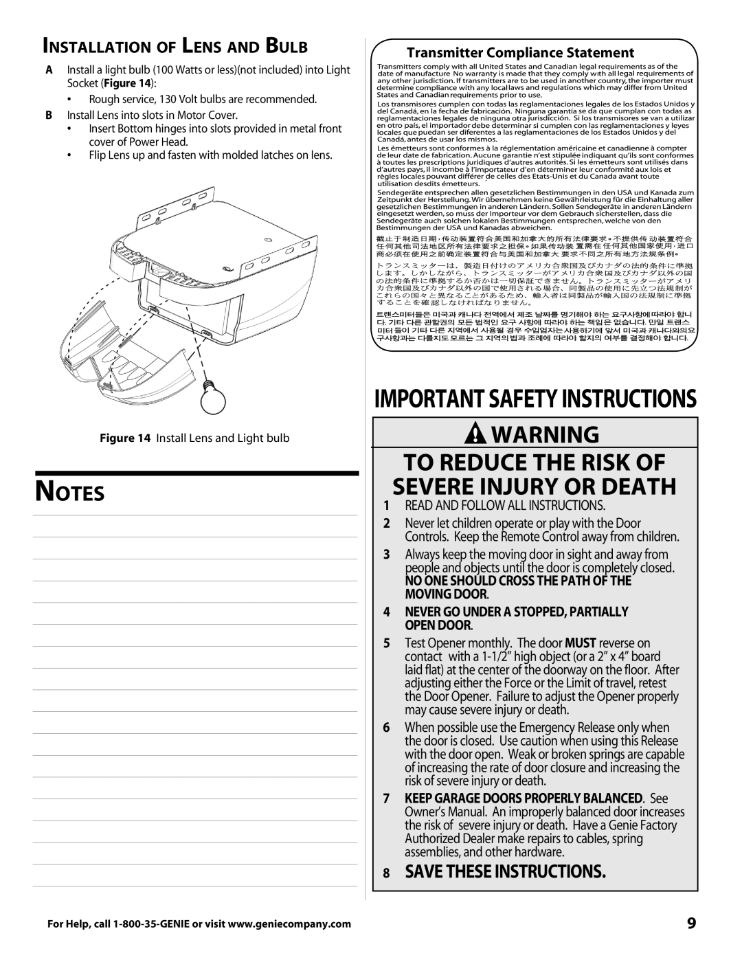 Genie 3681036666 warranty Important Safety Instructions, Installation of Lens and Bulb, Transmitter Compliance Statement 