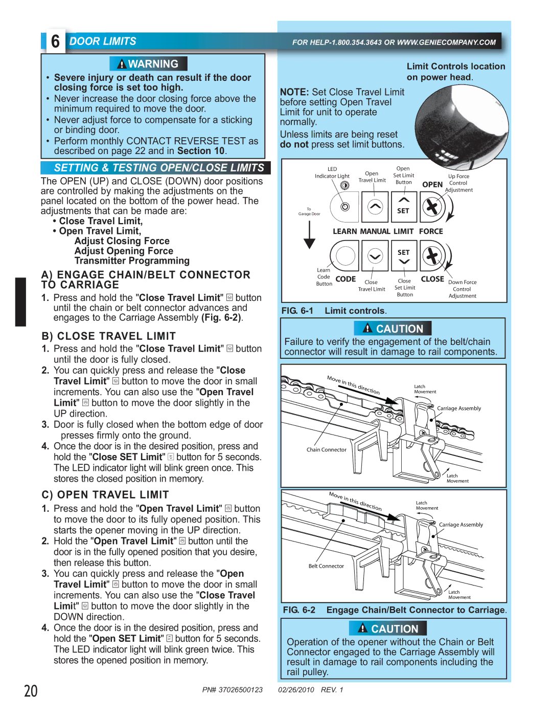 Genie 37026500123 manual Door Limits, Setting & Testing OPEN/CLOSE Limits, Close Travel Limit 