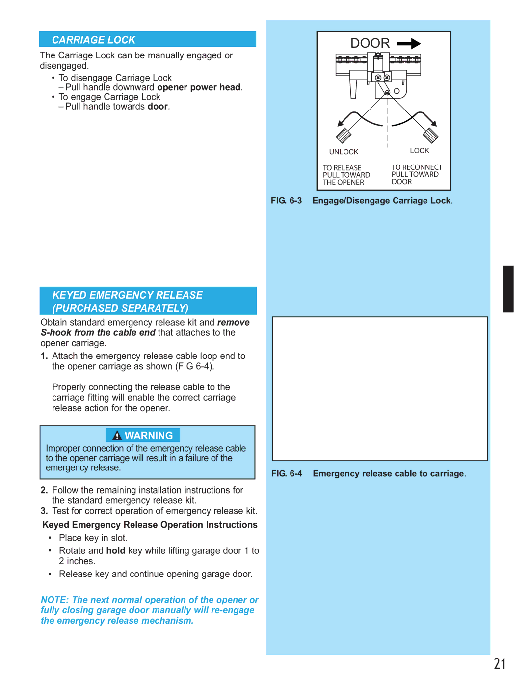 Genie 37026500123 manual Carriage Lock, Keyed Emergency Release Operation Instructions 