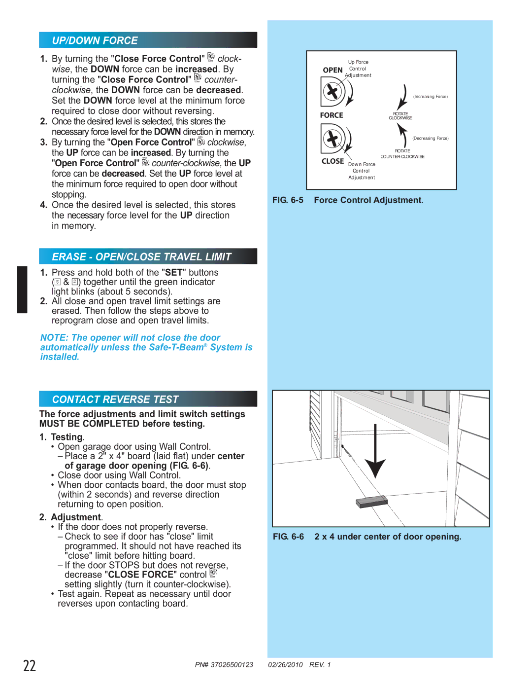 Genie 37026500123 manual UP/DOWN Force, Erase OPEN/CLOSE Travel Limit, Contact Reverse Test 