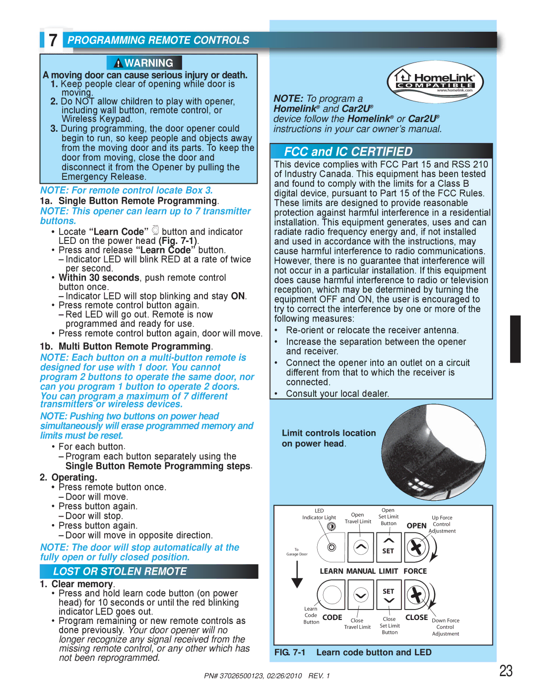 Genie 37026500123 manual Programming Remote Controls, Lost or Stolen Remote 