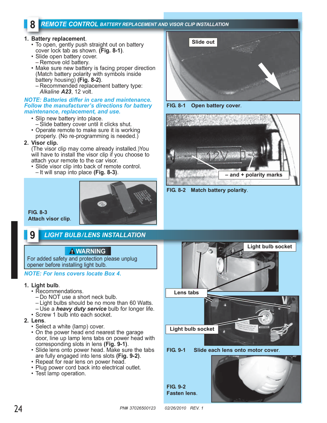 Genie 37026500123 manual Light BULB/LENS Installation, Battery replacement, Visor clip, Light bulb, Lens 