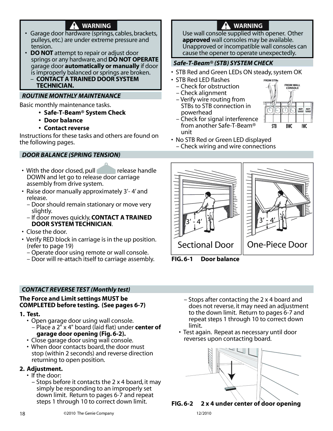 Genie 4024H manual Routine Monthly Maintenance, Safe-T-Beam System Check Door balance Contact reverse, Test, Adjustment 