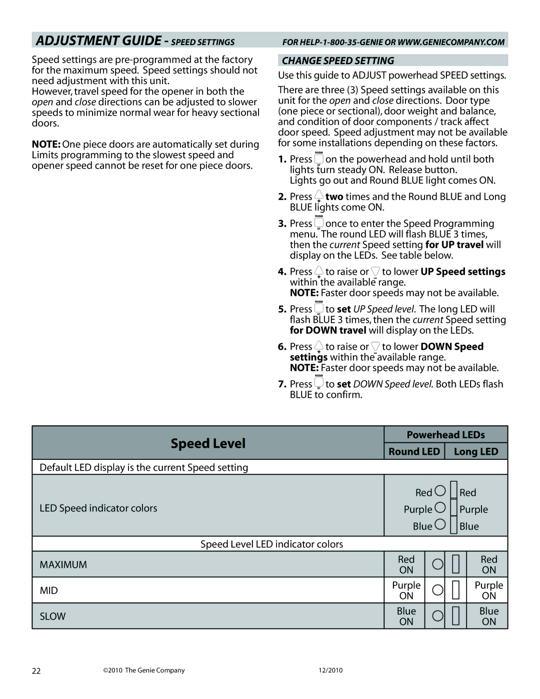 Genie 4024H manual Adjustment Guide Speed Settings, Change Speed Setting, Powerhead LEDs Round LED Long LED 