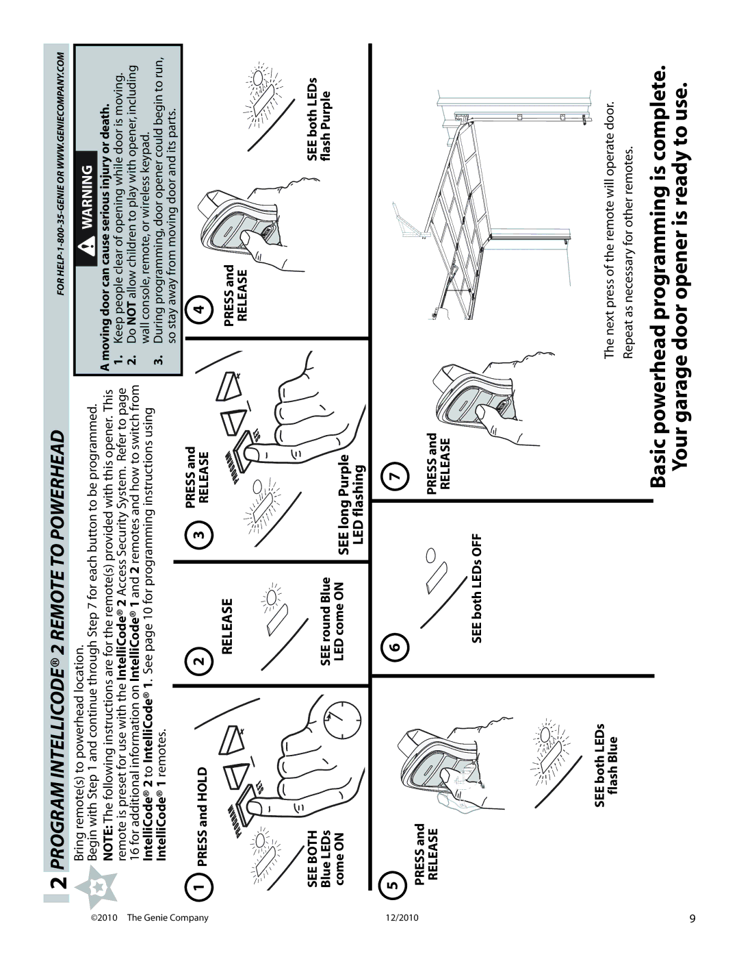 Genie 4024H manual See long Purple LED flashing, Bring remotes to powerhead location, IntelliCode 1 remotes 