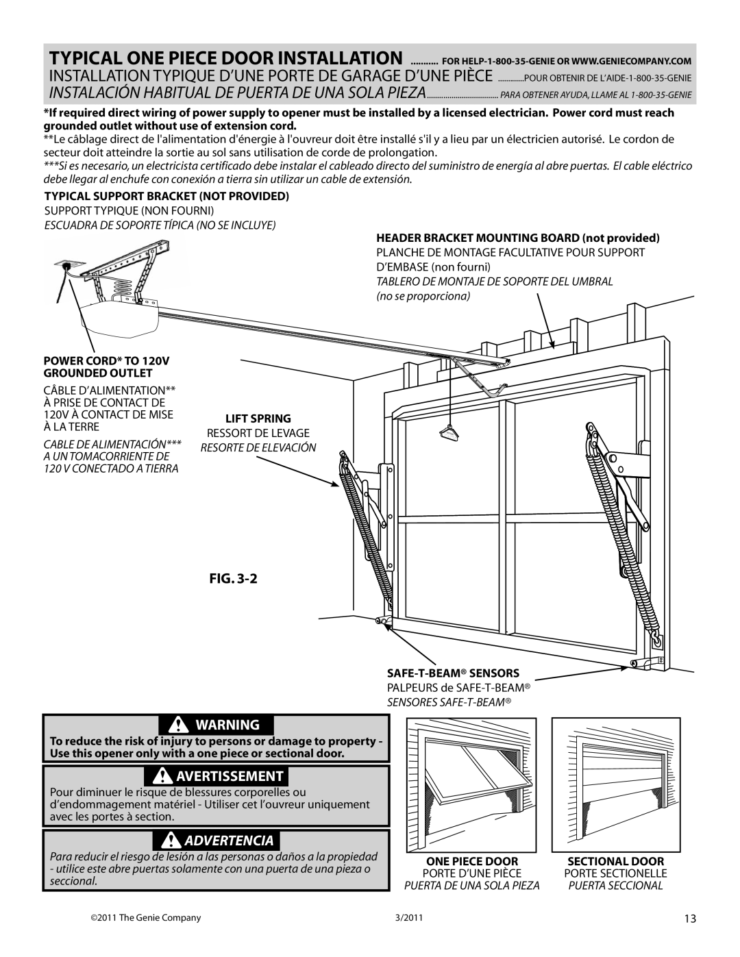 Genie 4042 Typical One Piece Door Installation, Avertissement, Advertencia, Typical Support Bracket Not Provided, Bstr 