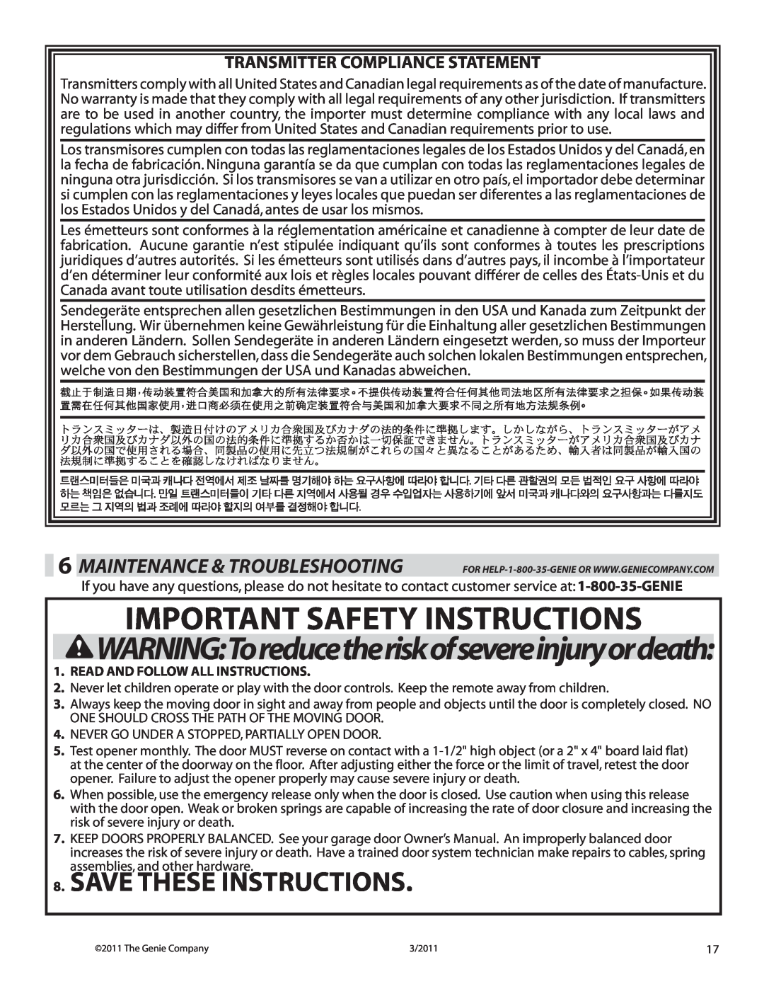 Genie 4042 manual Important Safety Instructions, Save These Instructions, Maintenance & Troubleshooting 