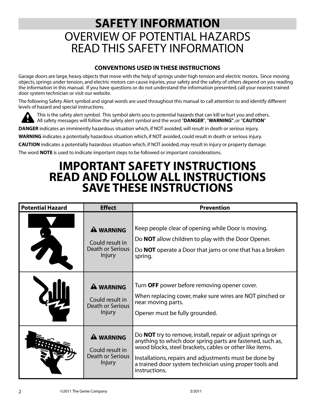 Genie 4042 manual Safety Information, Conventions Used In These Instructions, Potential Hazard, Prevention 