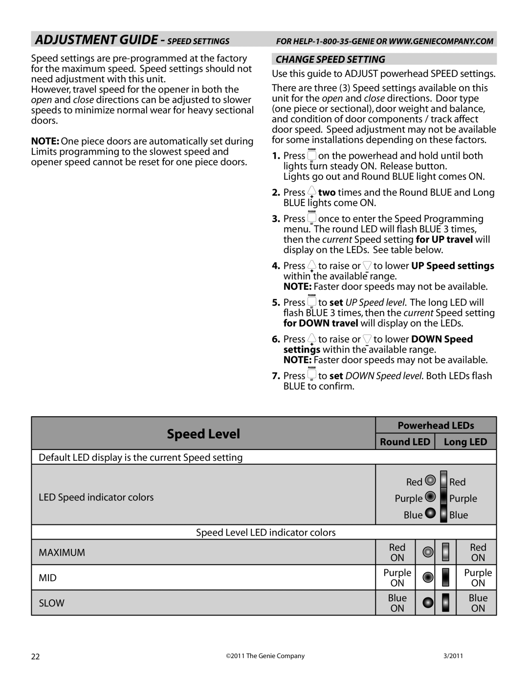Genie 4042 manual Adjustment Guide - Speed Settings, Speed Level, Change Speed Setting, Powerhead LEDs Round LED Long LED 