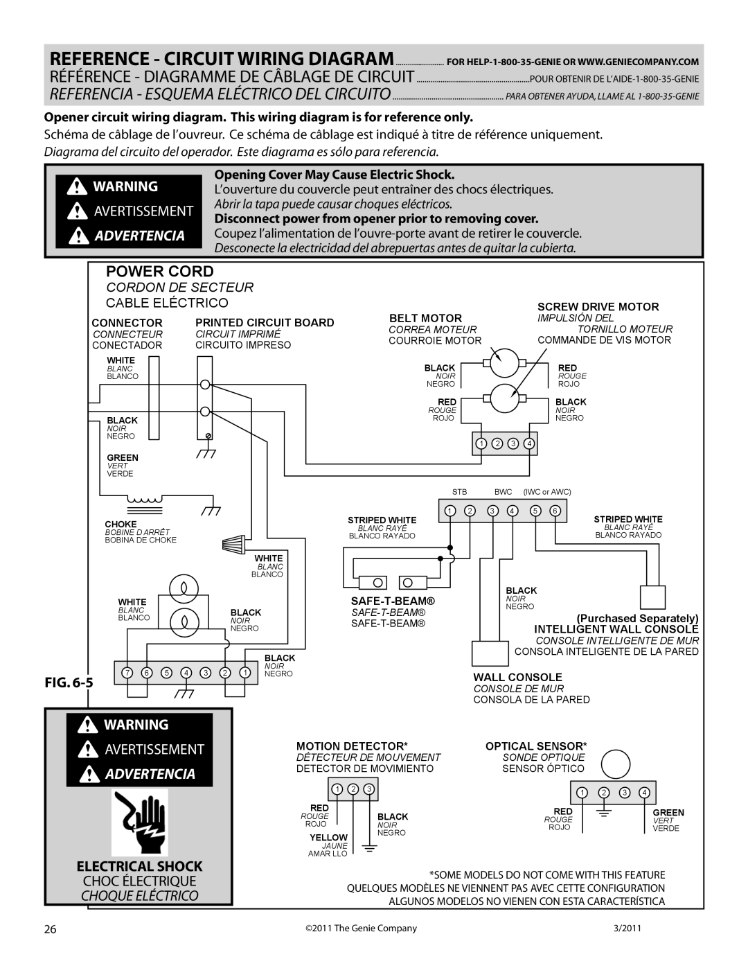 Genie 4042 Reference - Circuit Wiring Diagram, Power Cord, Avertissement, Electrical Shock, Advertencia, Cordon De Secteur 