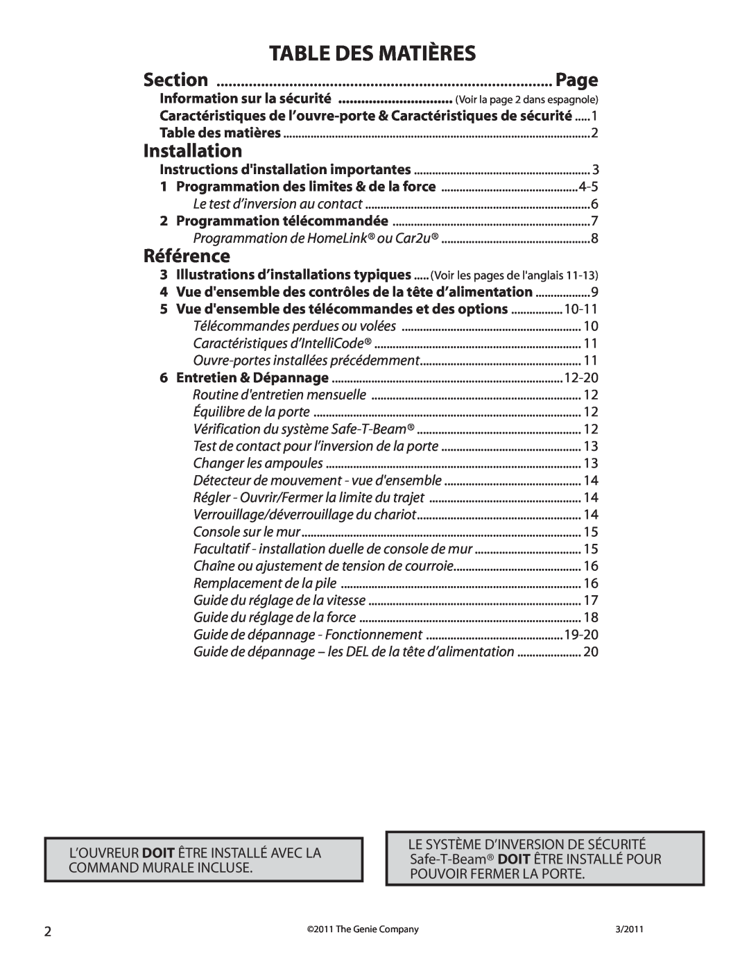 Genie 4042 manual Table Des Matières, Référence, Installation, Page, Information sur la sécurité 