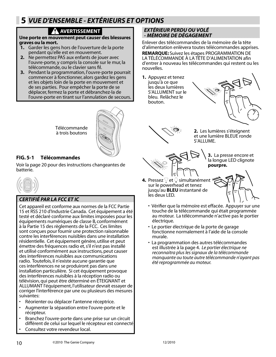 Genie 4042 manual Vue Densemble - Extérieurs Et Options, 1 Télécommandes, Certifié Par La Fcc Et Ic, Avertissement 