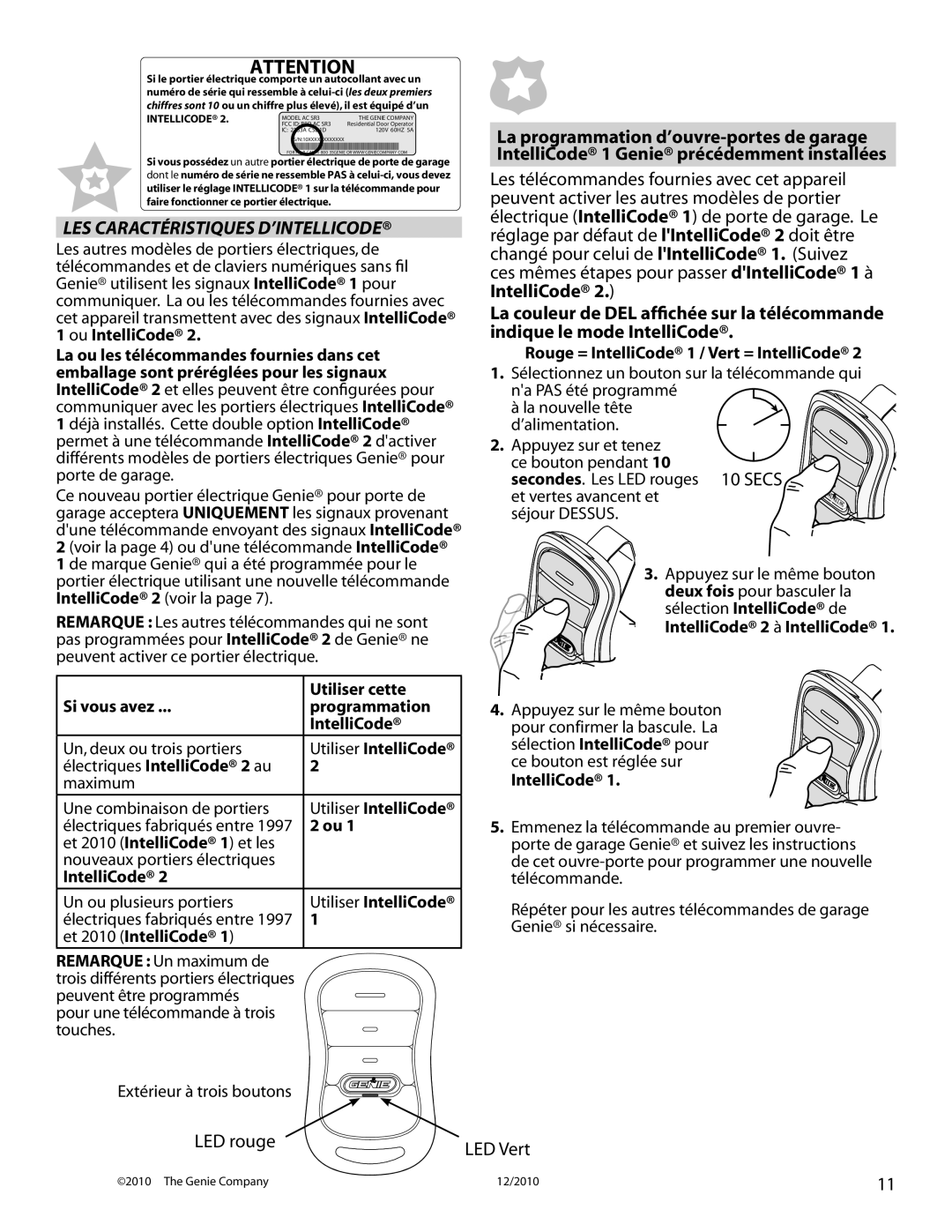Genie 4042 manual Les Caractéristiques D’Intellicode, LED rouge 