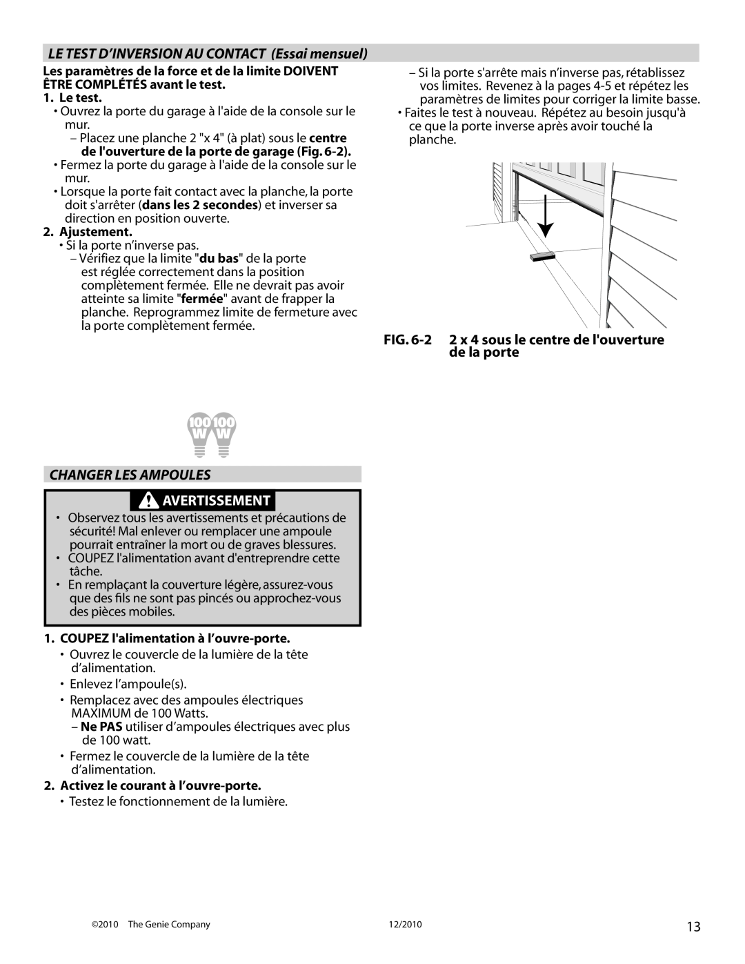 Genie 4042 manual 2 2 x 4 sous le centre de louverture de la porte, Changer Les Ampoules, Avertissement 