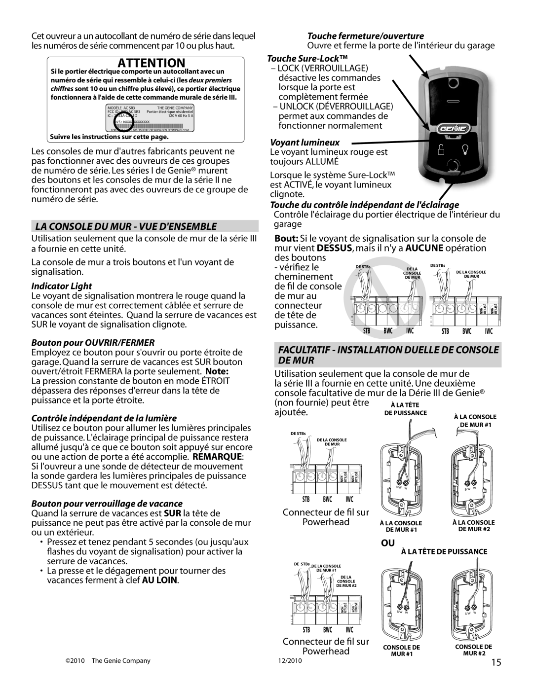 Genie 4042 manual La Console Du Mur - Vue Densemble, Facultatif - Installation Duelle De Console De Mur, Indicator Light 