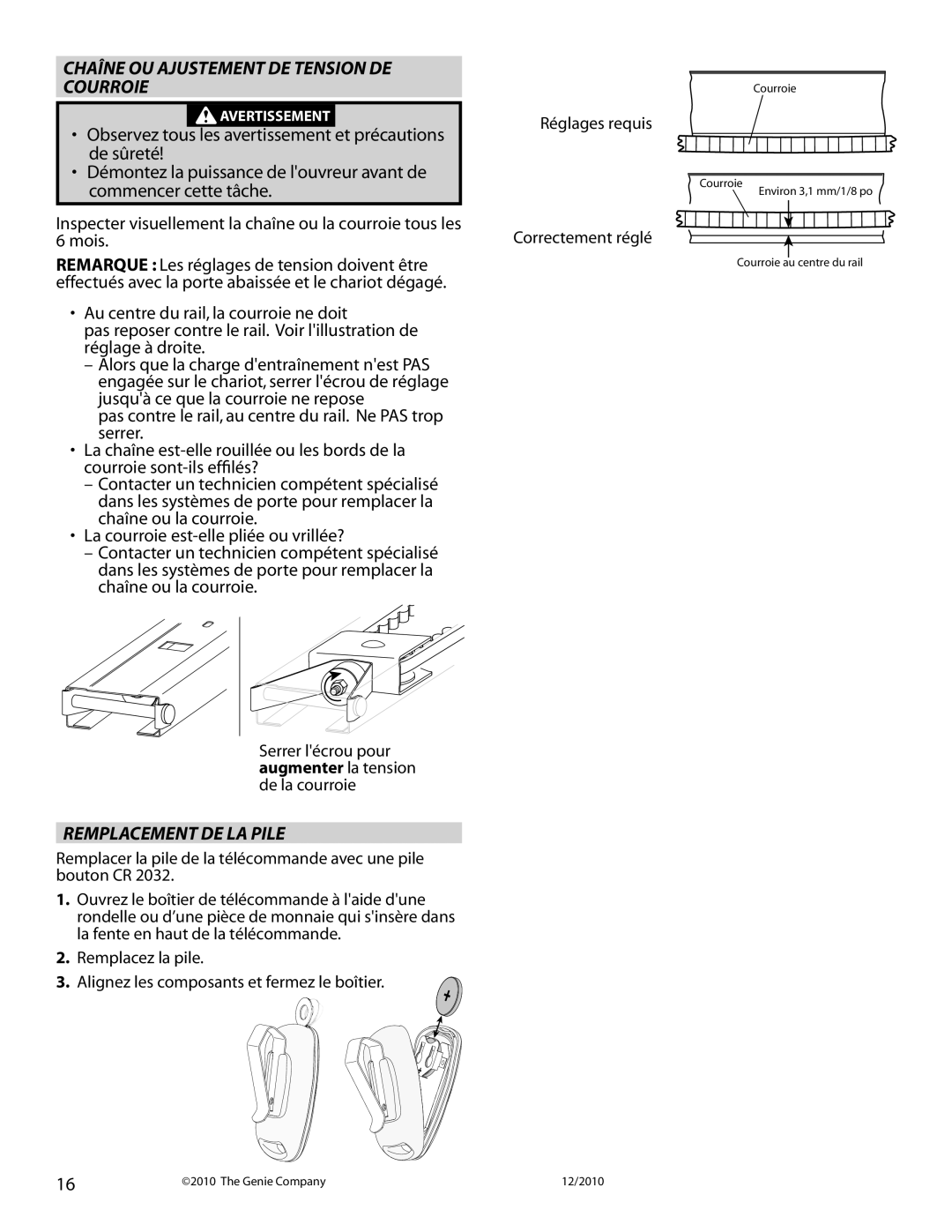 Genie 4042 manual Chaîne Ou Ajustement De Tension De Courroie, Remplacement De La Pile 