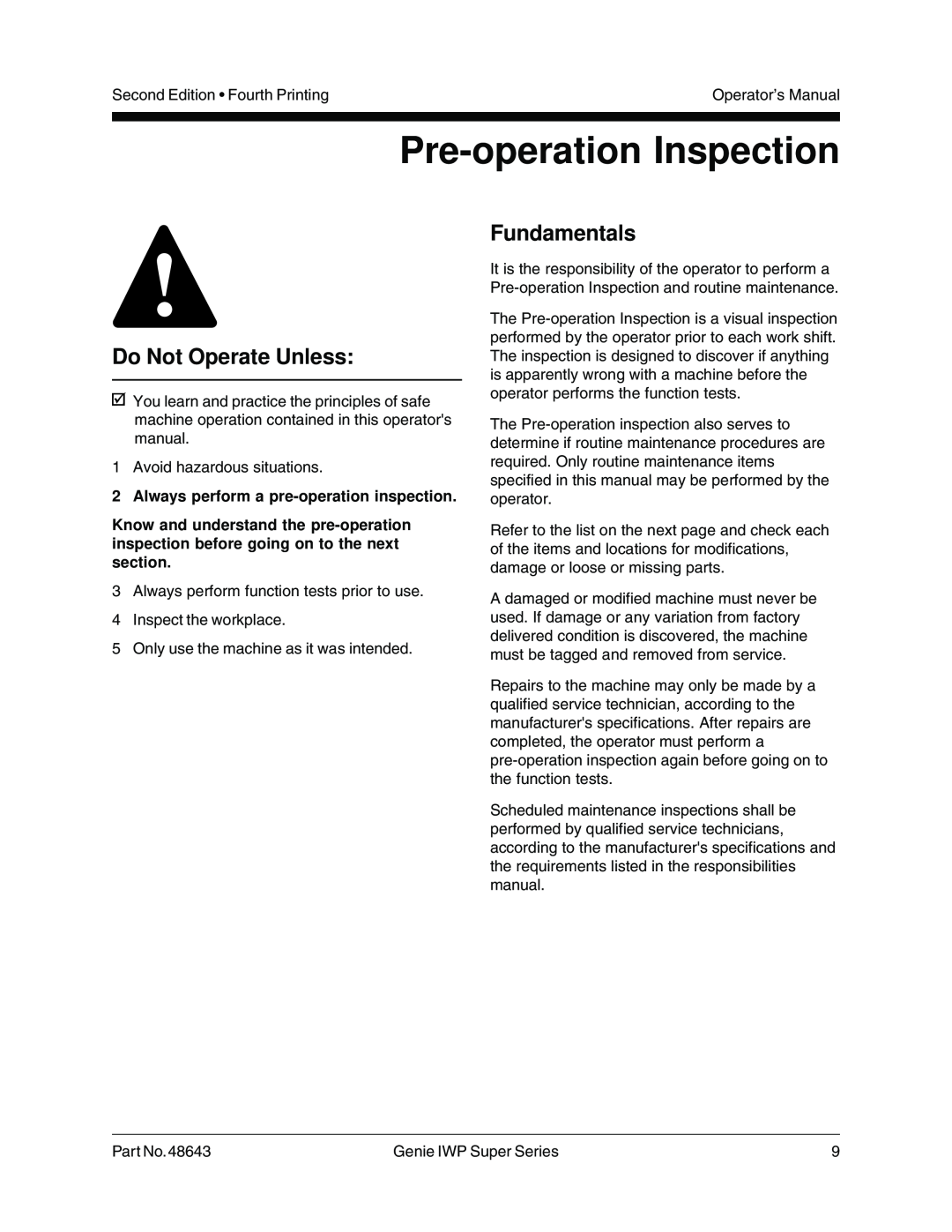 Genie 48643 manual Pre-operationInspection, Fundamentals, 2Always perform a pre-operationinspection, Do Not Operate Unless 