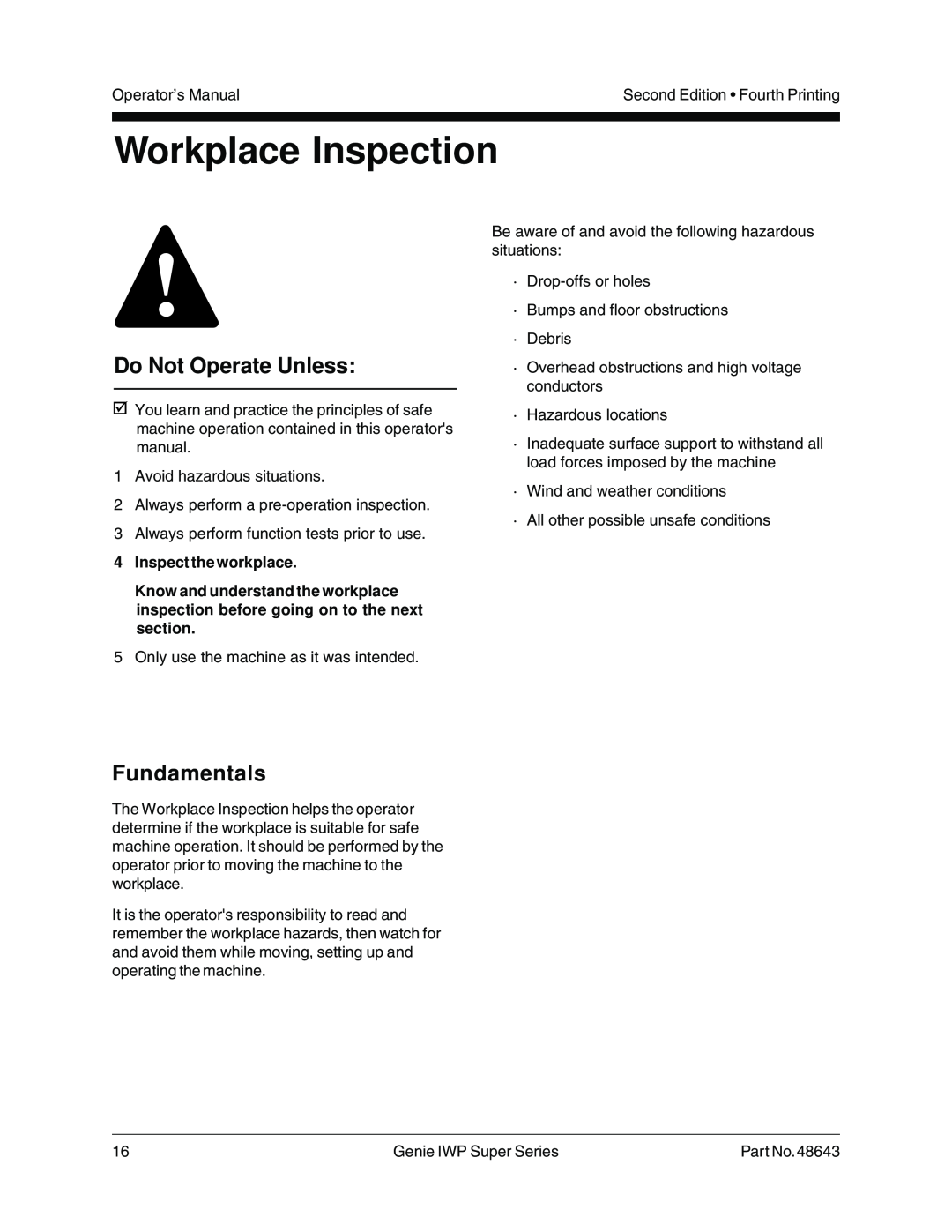 Genie 48643 manual Workplace Inspection, 4Inspect the workplace, Do Not Operate Unless, Fundamentals 