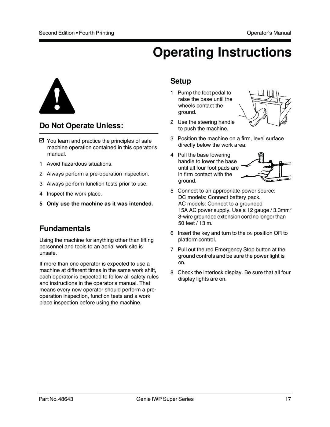 Genie 48643 Operating Instructions, Setup, 5Only use the machine as it was intended, Do Not Operate Unless, Fundamentals 