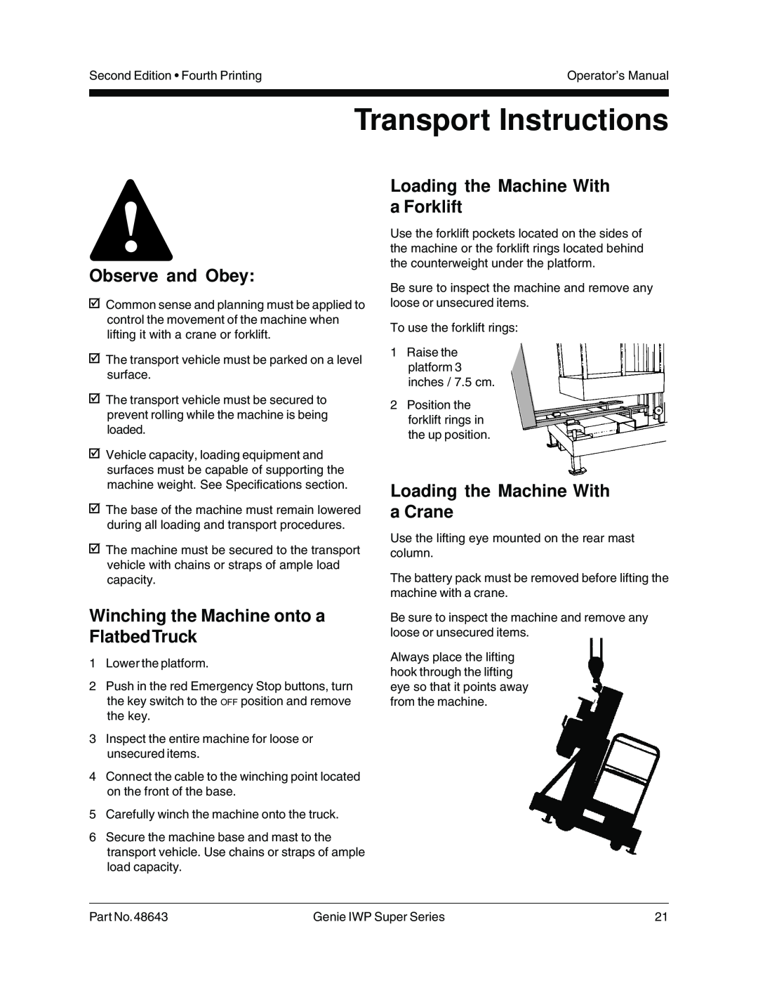 Genie 48643 manual Transport Instructions, Winching the Machine onto a FlatbedTruck, Loading the Machine With a Forklift 
