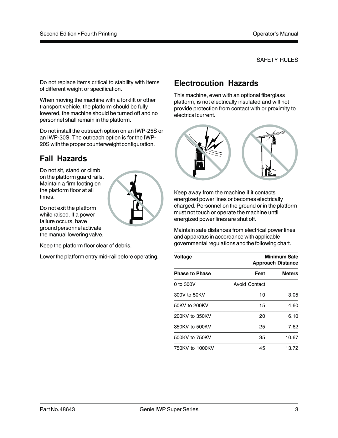 Genie 48643 manual Fall Hazards, Electrocution Hazards 