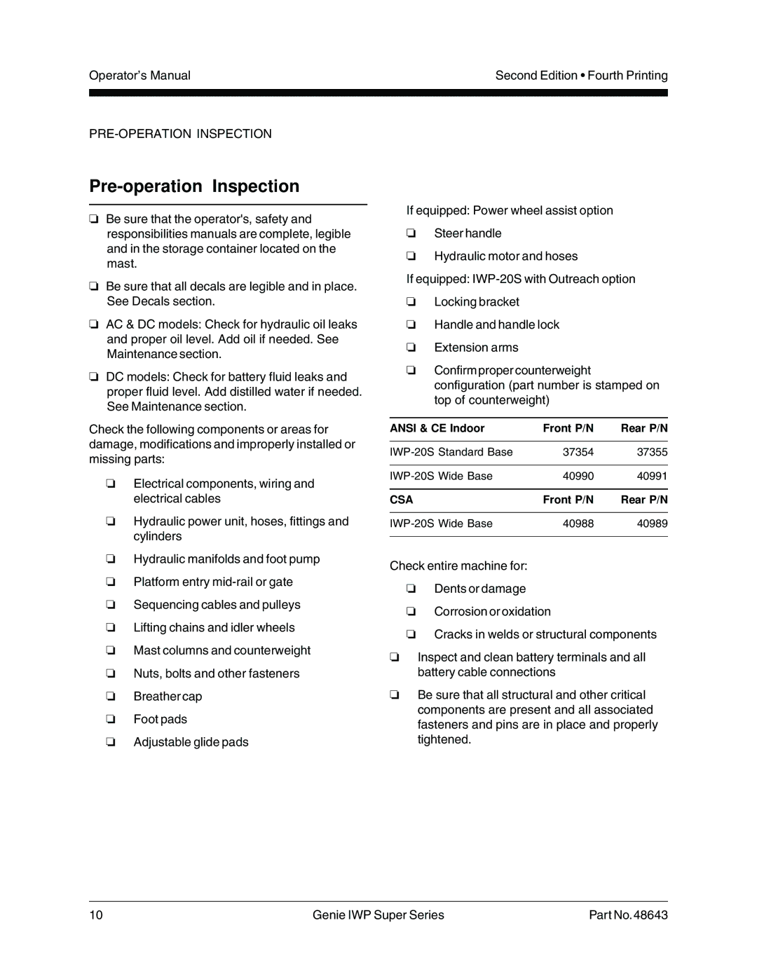 Genie 48643 manual Pre-operation Inspection 