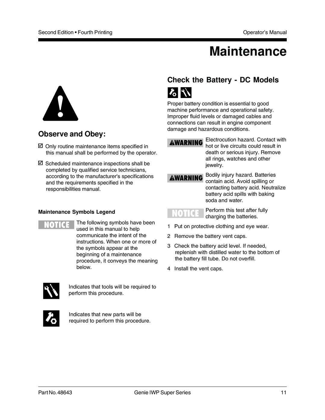 Genie 48643 manual Maintenance, Check the Battery DC Models Observe and Obey 