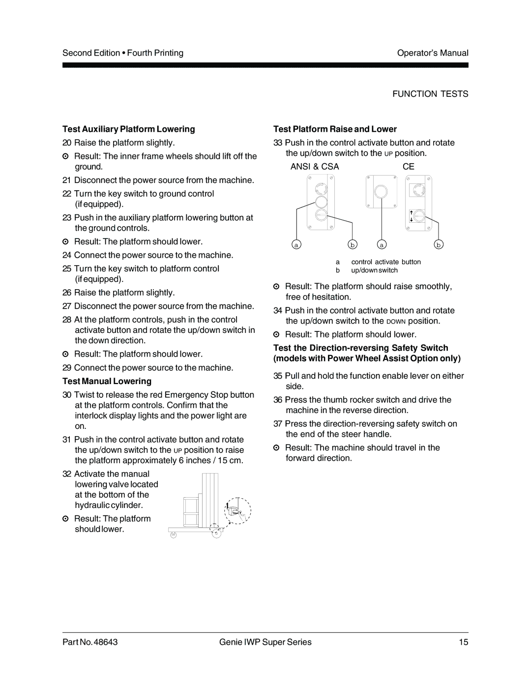 Genie 48643 manual Test Auxiliary Platform Lowering 