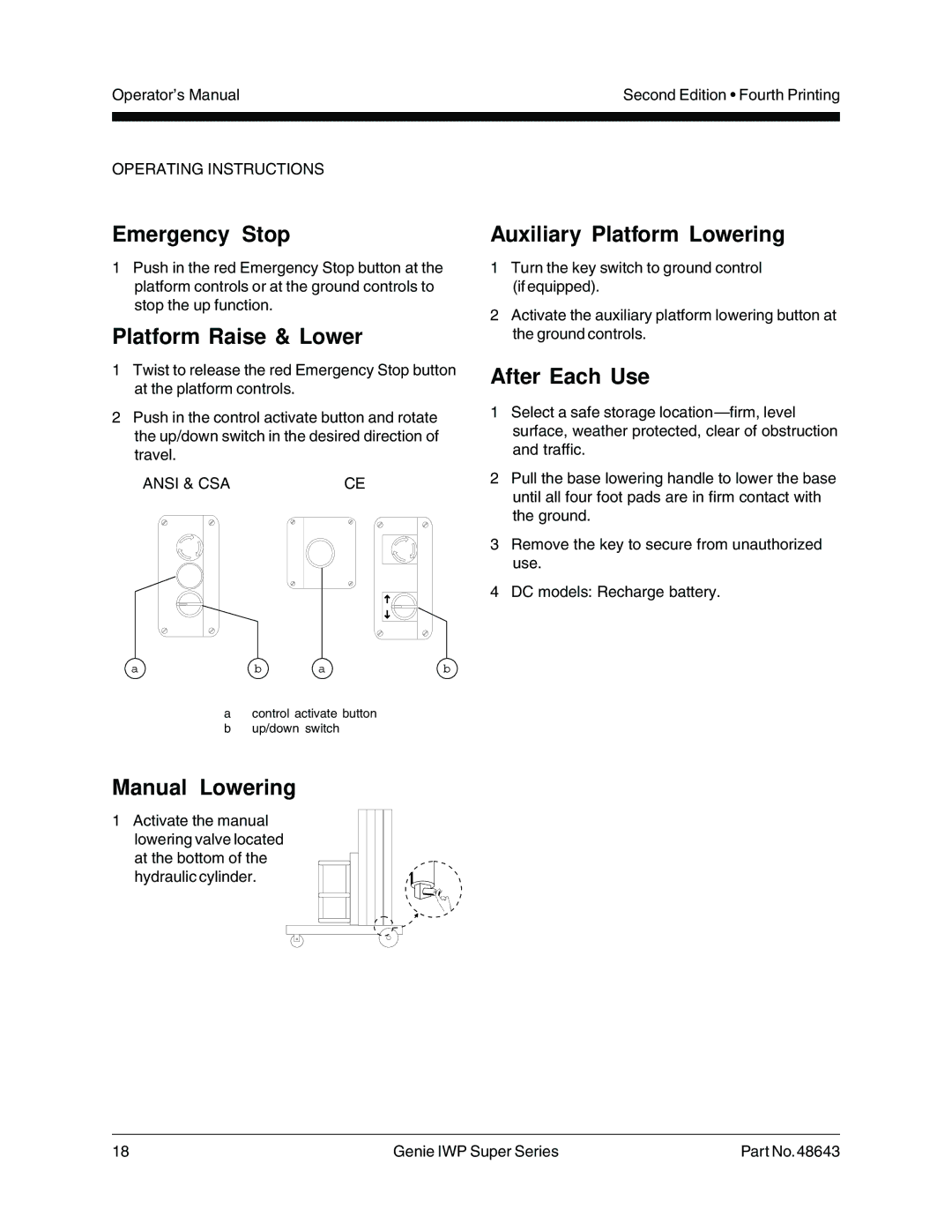 Genie 48643 manual Emergency Stop, Platform Raise & Lower, Manual Lowering, Auxiliary Platform Lowering, After Each Use 