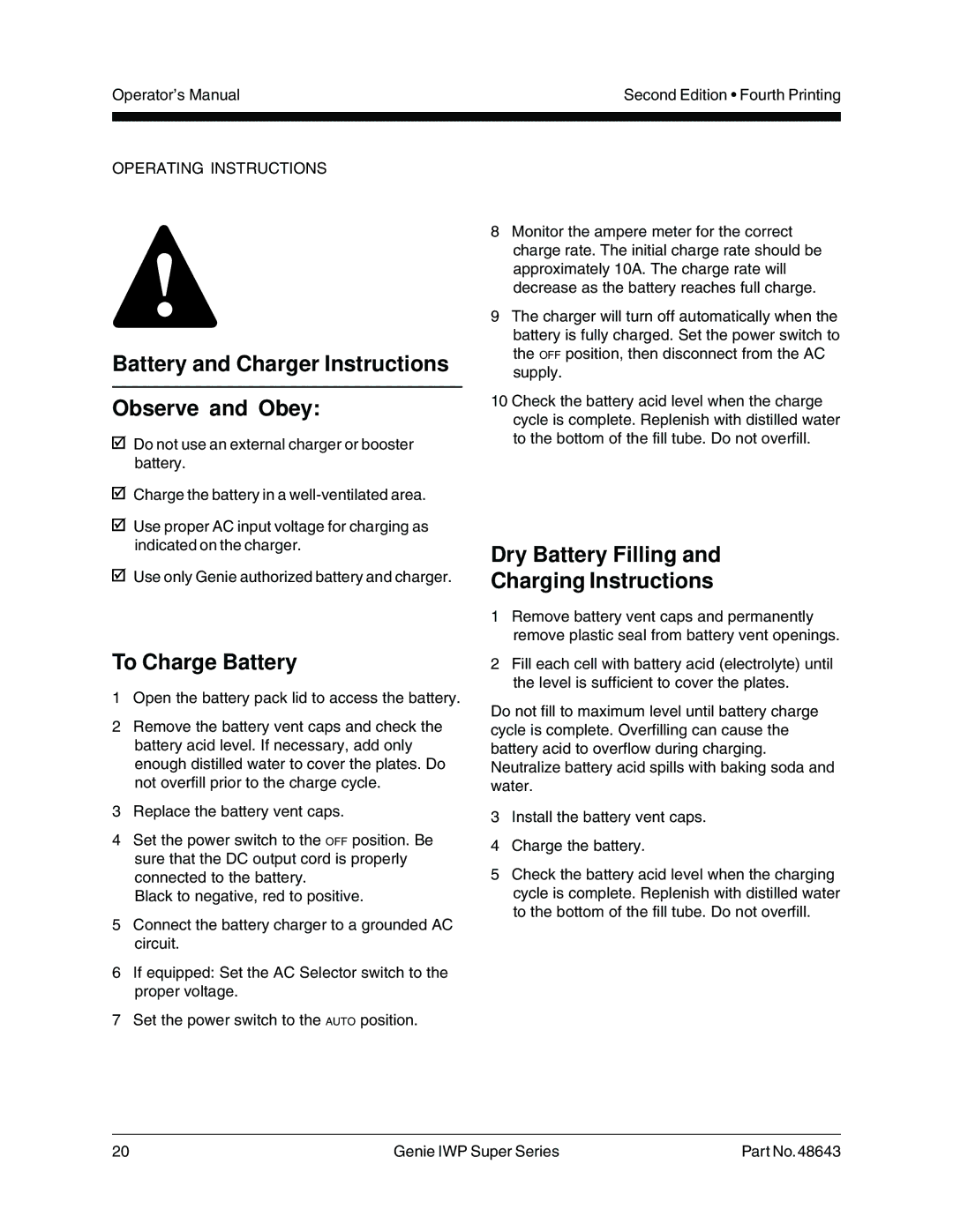 Genie 48643 manual Battery and Charger Instructions Observe and Obey, To Charge Battery 