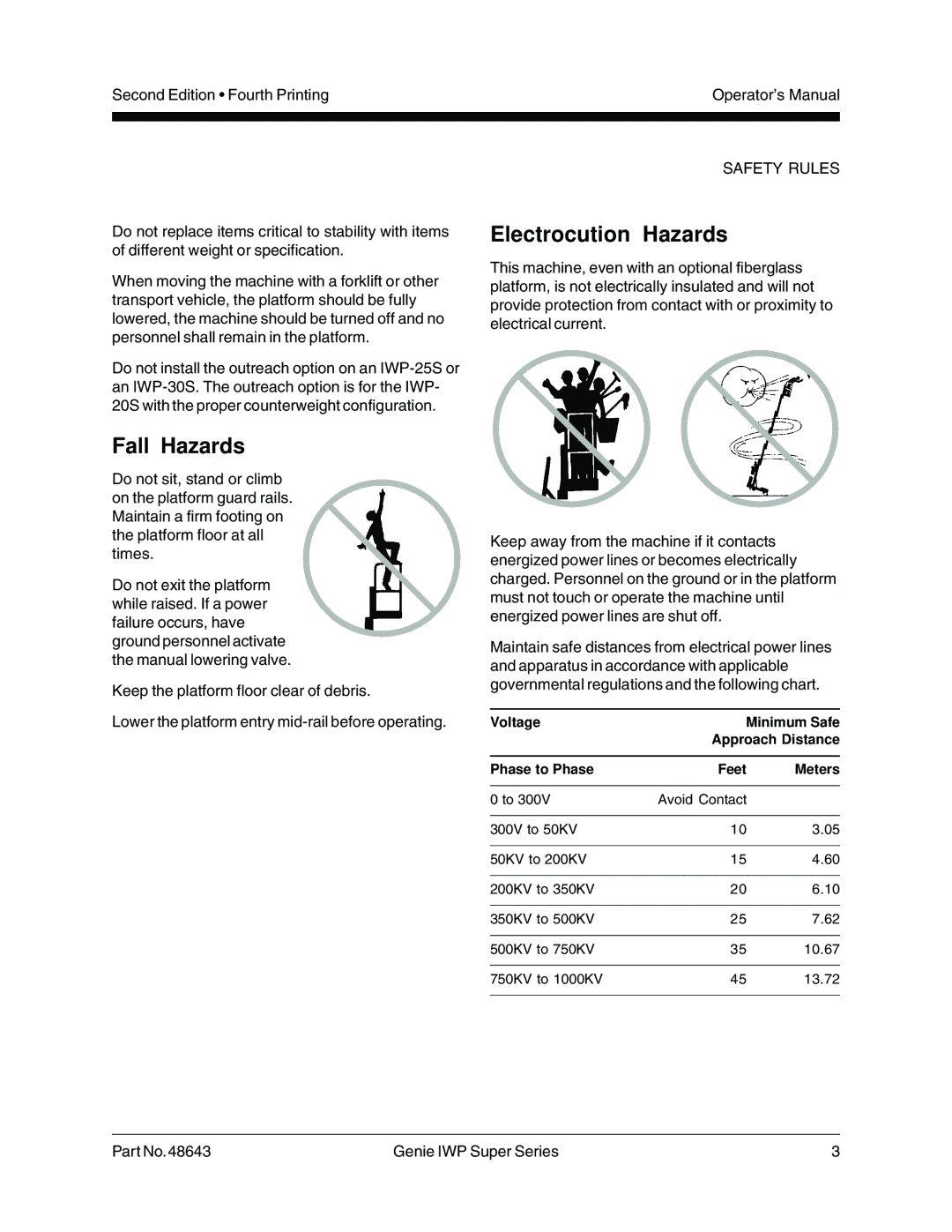 Genie 48643 manual Fall Hazards, Electrocution Hazards 