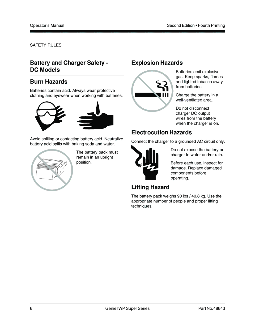 Genie 48643 manual Battery and Charger Safety DC Models Burn Hazards, Explosion Hazards, Lifting Hazard 